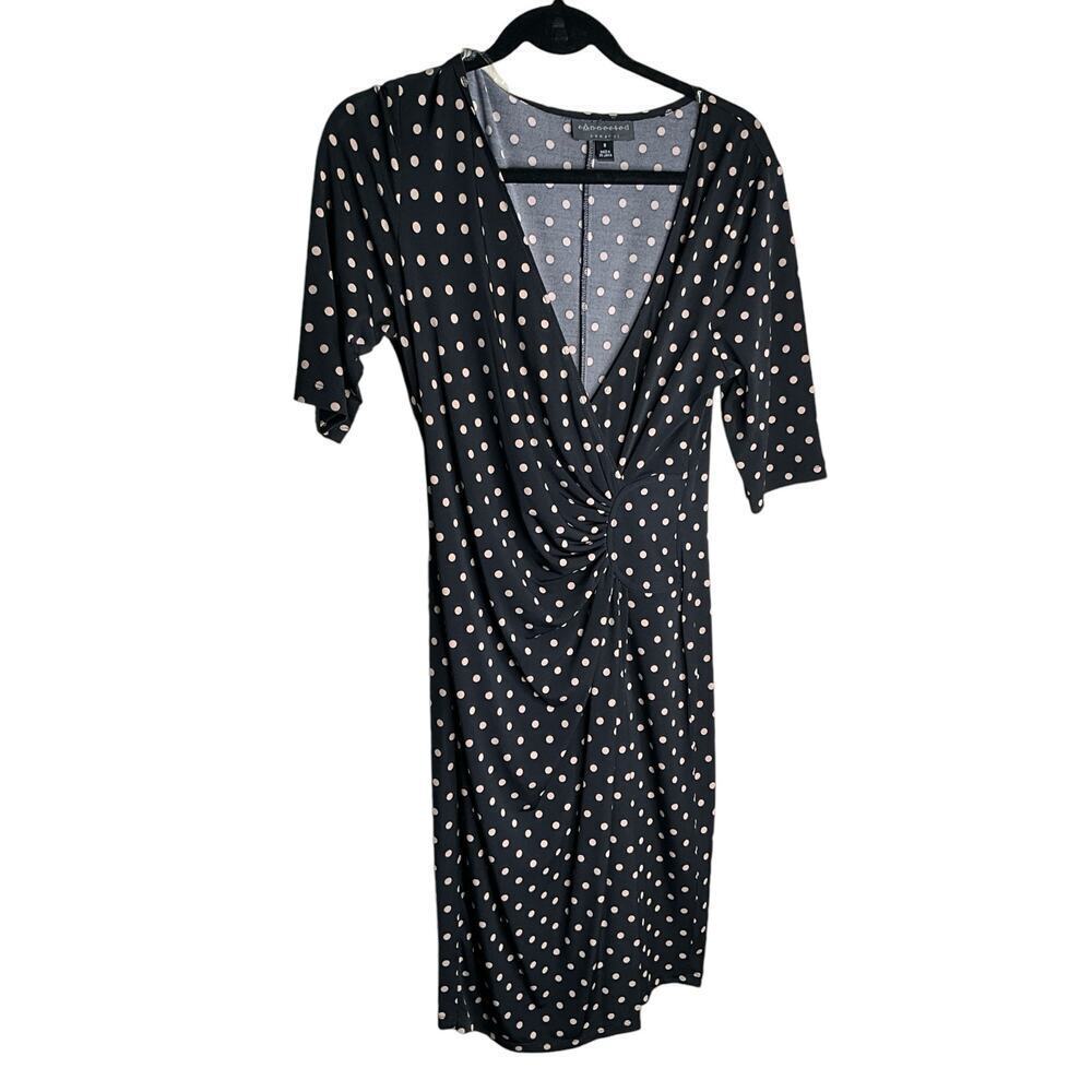 Connected Apparel Wrap Dress Polka Dot Ruched Side Black Womens Size 8 NWT